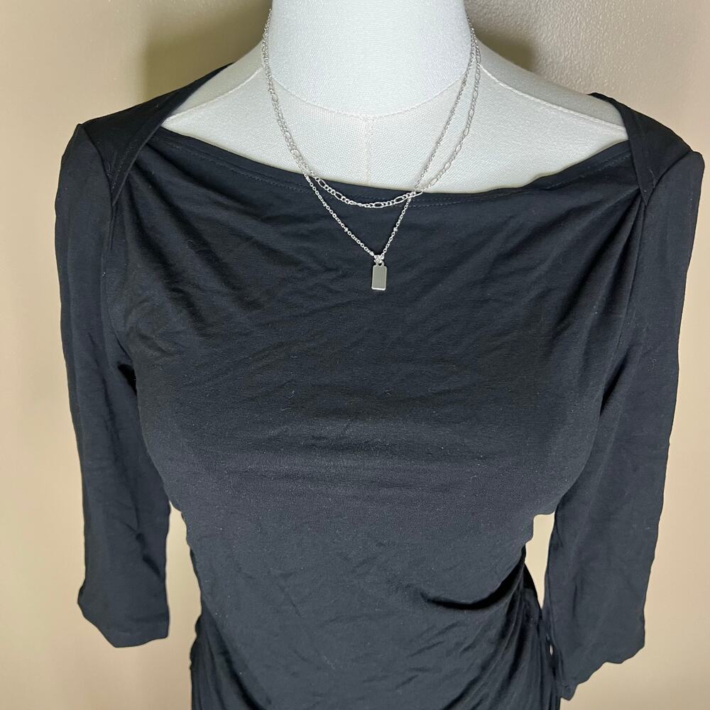 Yansi Fugel Black Boat Neck Ruched Top Fitted Size Small Capsule Wardrobe